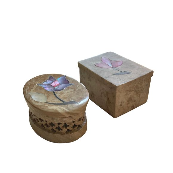 Vintage Soapstone Small Trinket/Jewelry/Ring Boxes Pearly Inlay Flower Set of 2 - Picture 3 of 5